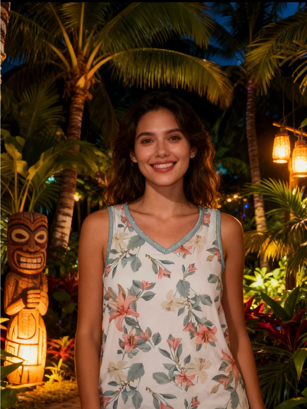 Floral V-Neck Sleeveless Tank Top — White Tropical Pink & Green Floral Print XS